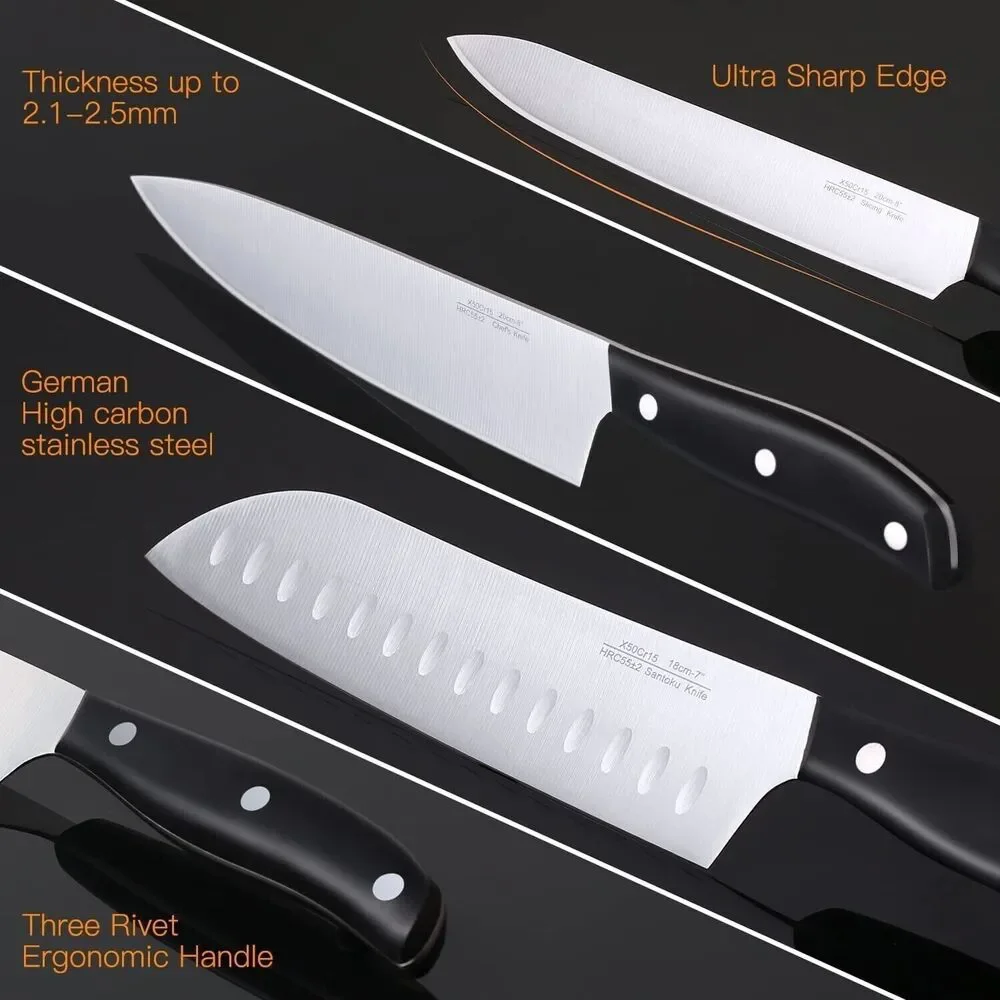 15 PCS Knife Set for Kitchen with Knife Block - High Carbon Stainless Steel Set